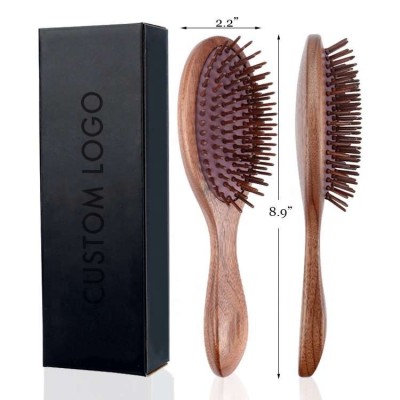 High-End Logo Massage Paddle Oval Hair Brush Ergonomic Hair Brush Wood Salon Hairbrush with Beech Bristles and Walnut Handle