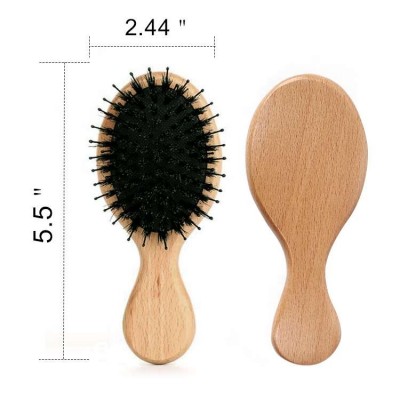 Natural Beech Wood Handle Cushion Anti-Static Massage Detangling Brush Pocket Mini Hair Brush Travel Mini Wood Hairbrush