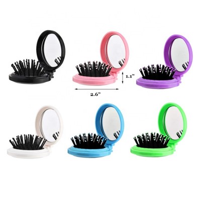 Custom Folding Pop Up Round Travel Plastic Massage Hairbrush Pocket Hair Brush Detangling Mini Hair Brushes with Makeup Mirror