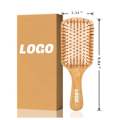 Promotion Gift Women & Men Detangling Massage Hairbrush Private Logo Bamboo Paddle Hair Brush with Box Packing Hair Brush Bamboo