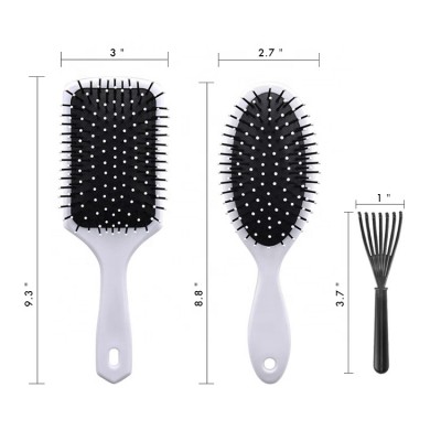 3Pcs Anti-Static Soft Nylon Plastic Cushion Paddle Hairbrush Kit Personalized Marble Detangling Hair Brush Set with Cleaner